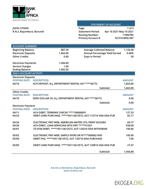 Modèle Word et PDF de relevé bancaire de la Burundi Bank of Africa